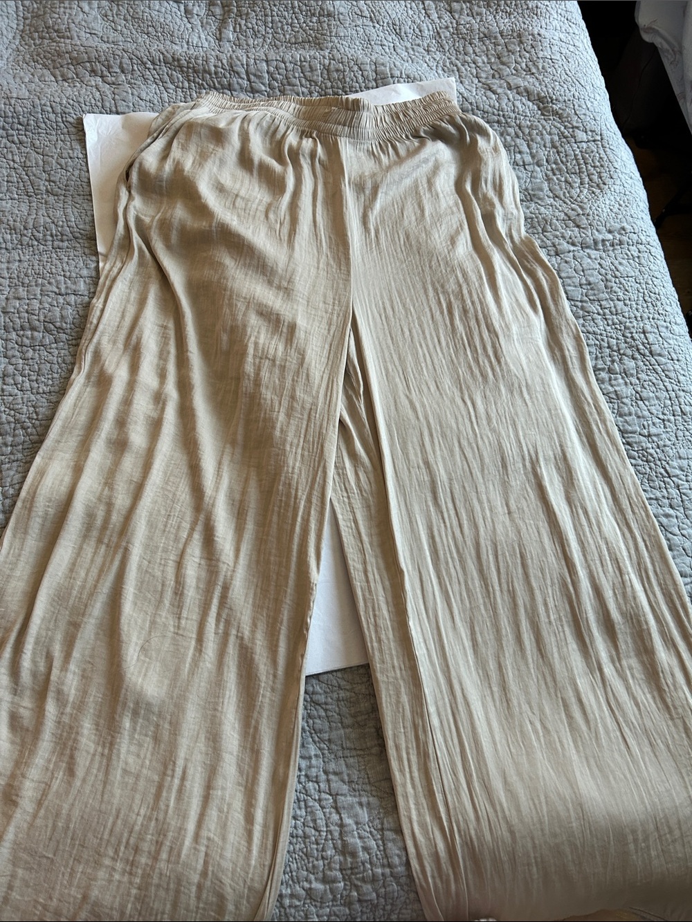 Zara Beige Elastic-Waist Wide-Leg Pants
